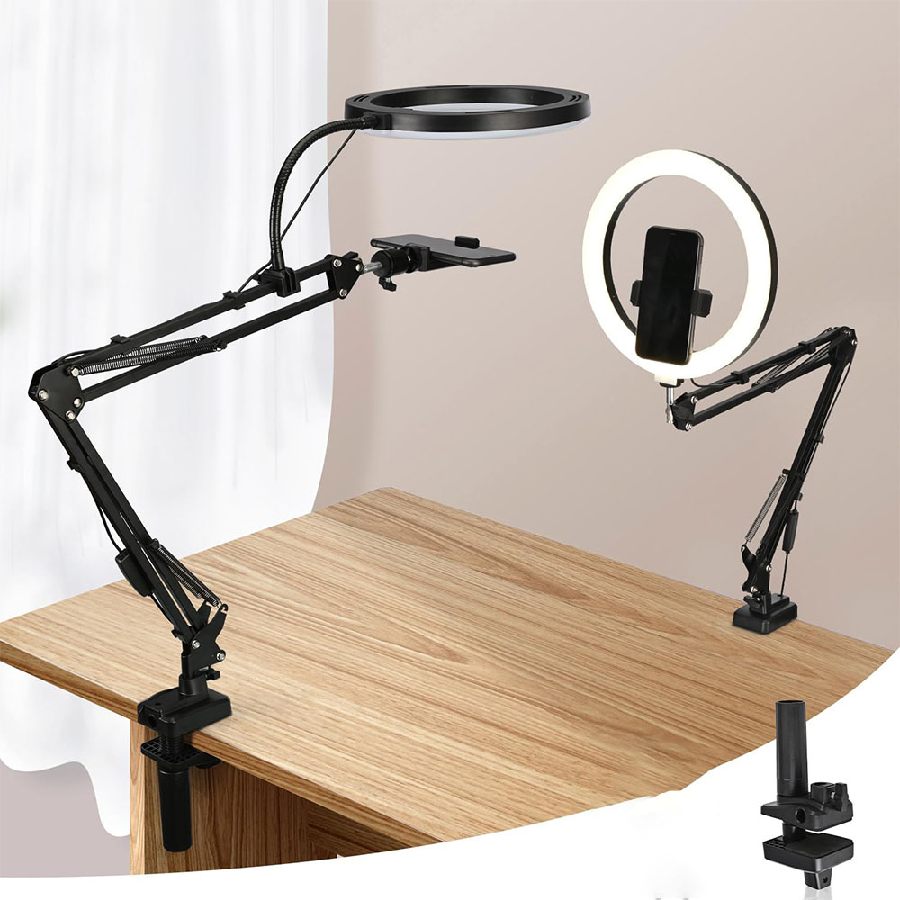 Photography Lighting Circle - ไฟวงแหวนพร้อมขาตั้งและที่วางโทรศัพท์ ไฟวงแหวน USB พร้อมแคลมป์กล้องเหนือศีรษะเซลฟี่ขาตั้งกล้องแบบยืดหยุ่นสําหรับการถ่ายภาพ