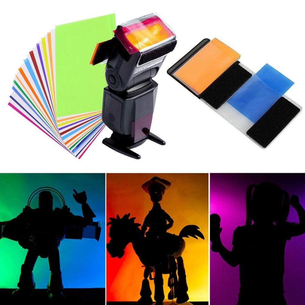 Photography Lighting Flash - ชุดฟิลเตอร์เจลสำหรับแฟลชกล้อง 12 สี พร้อมสายรัดเวลโครอเนกประสงค์สำหรับ Speedlite ถ่ายภาพบุคคล
